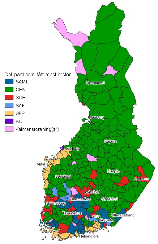 Figurbilaga 1. Karta: Partiet som ftt flest rster kommunvis i kommunalvalet 2021, hela landet