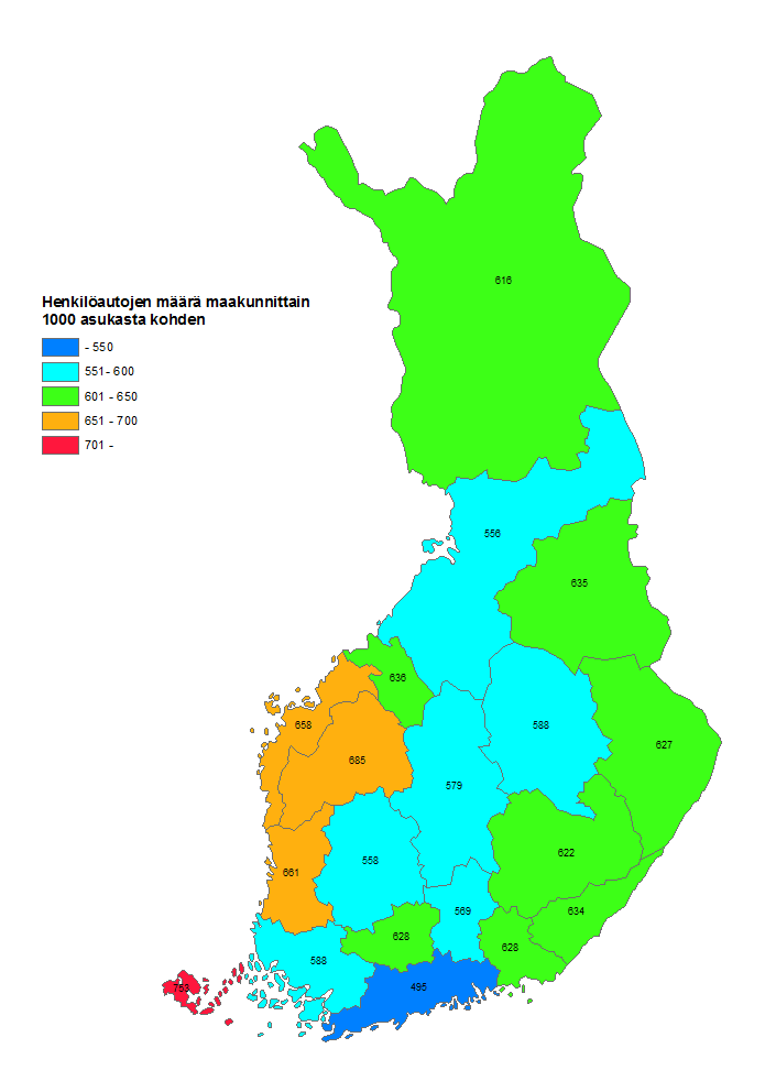 Liitekuvio 1. Rekisteriss olevien henkilautojen mr maakunnittain 1 000 asukasta kohden 31.12.2013